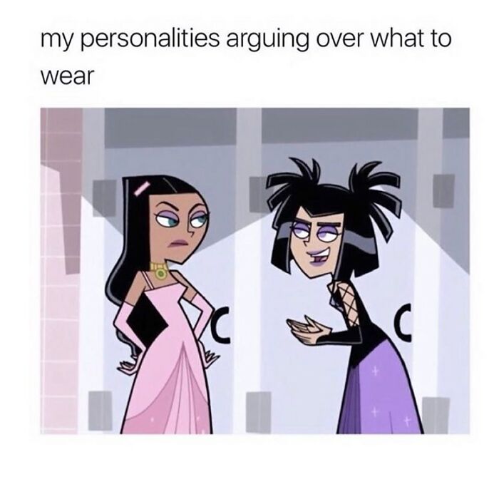 Two animated characters arguing over what to wear, illustrating girly memes about friendships and relatable situations.