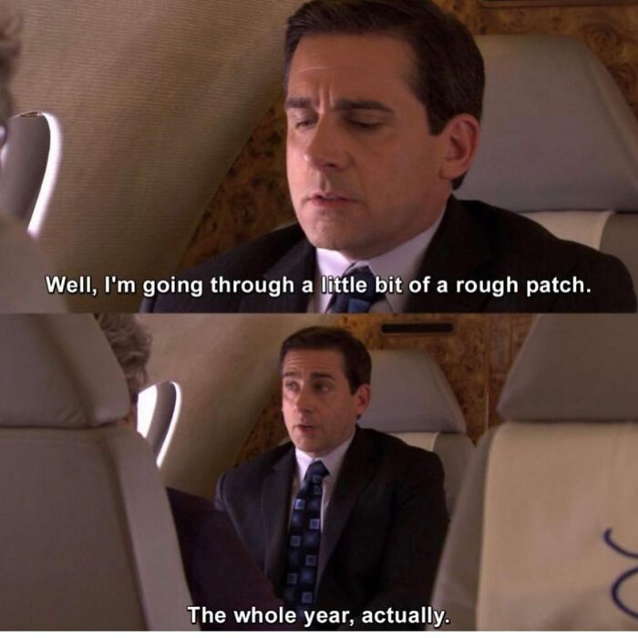 Man in suit on airplane sharing a relatable girly meme about work struggles and friendship challenges.