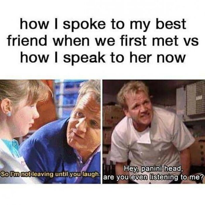 Girly memes showing changes in friendship conversations from caring to blunt, capturing relatable friendship moments.