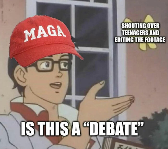 Man wearing a MAGA hat pointing at a butterfly labeled shouting over teenagers and editing footage, highlighting dystopic society issues.