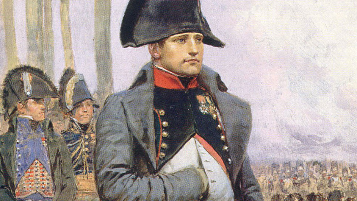 Painting of Napoleon in military uniform with officers in background, illustrating rabbits once attacked Napoleon historical story.