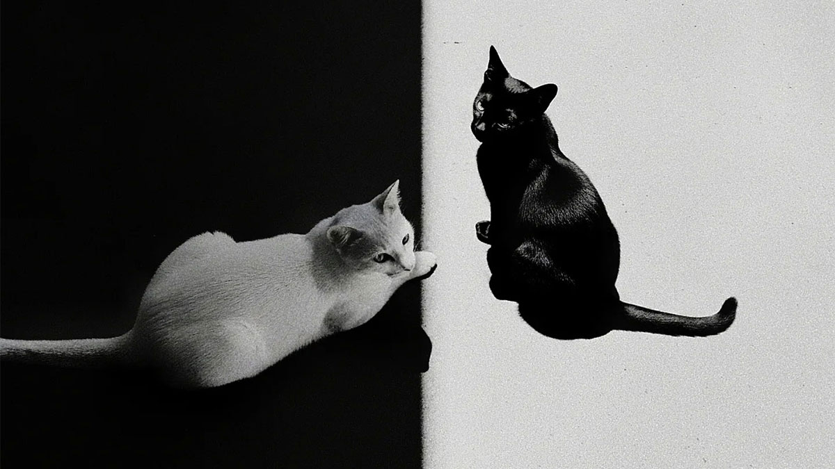 Black and white cats lying on contrasting backgrounds, capturing the beauty of everyday life in India by street photographer.