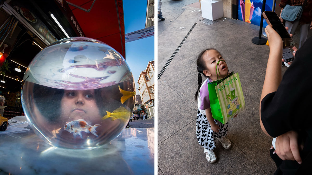 Fishbowl reflecting a person's face on a street and a child looking up while holding a green shopping bag captured in street coincidences.