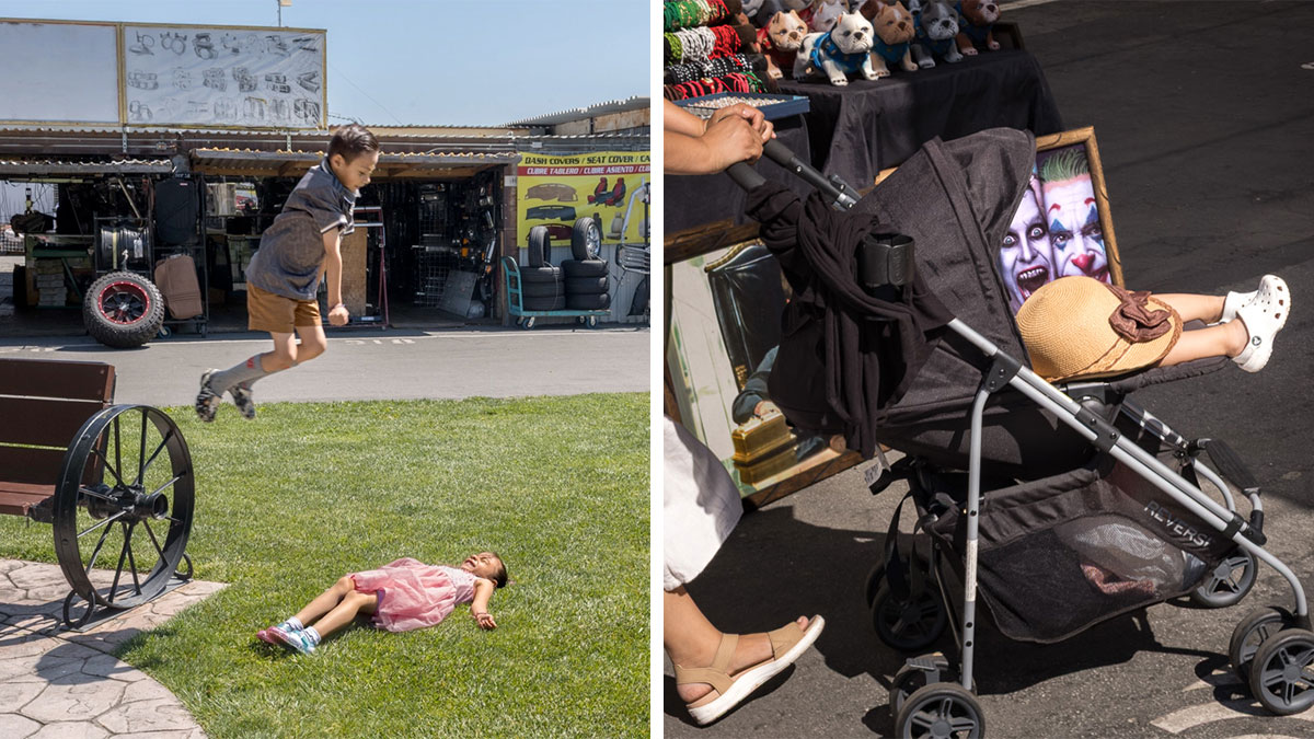 Street photographer captures humor and chaos in everyday life with playful scenes of children and street market moments.