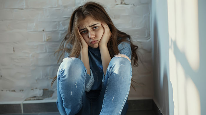 Teen girl sitting on floor with hands on face, looking upset and angry, representing boarding school emotions.