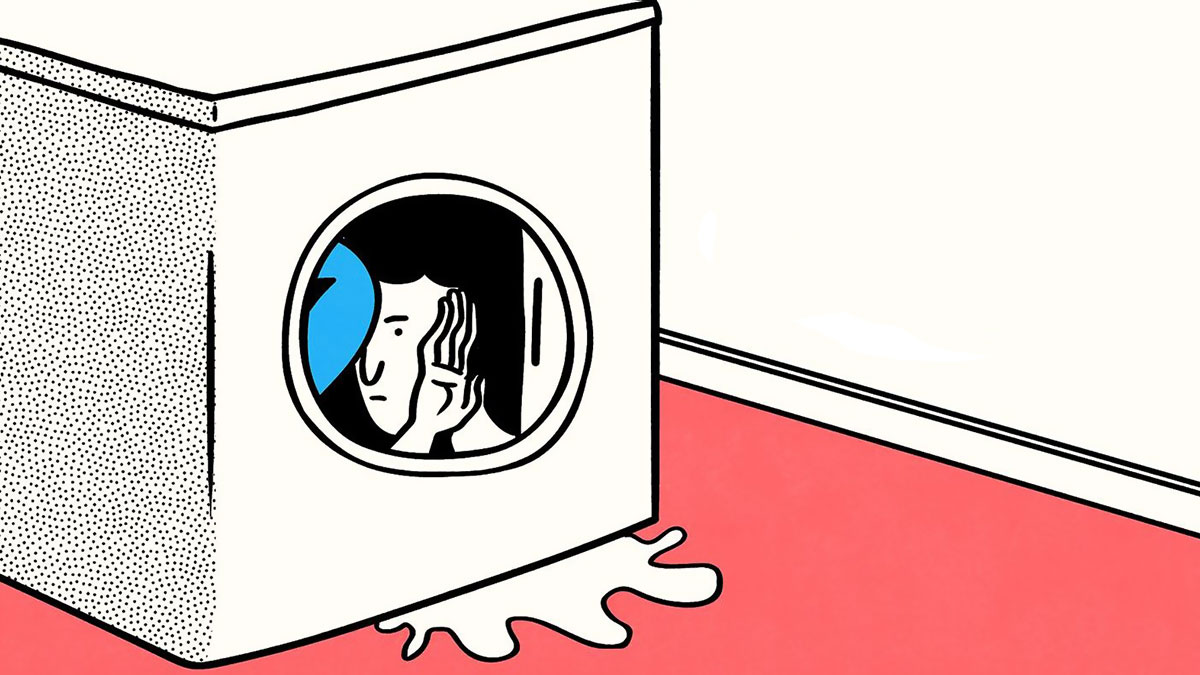 Person inside a washing machine looking overwhelmed, in a darkly funny comic style with red and blue colors.
