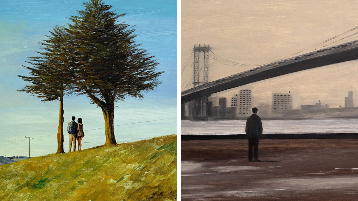 Two paintings by artist Zhiyong Jing depicting dreamlike scenes blending nature and urban reality.