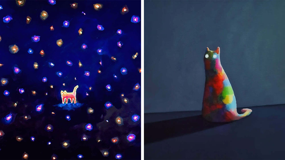Surreal cat worlds with glowing and colorful cats in dreamscape-like dark and starry abstract settings.