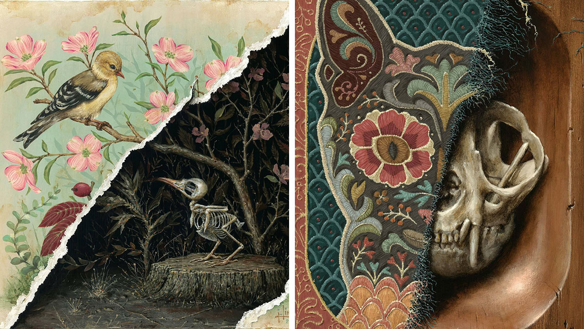 Bird perched on a branch with hidden skeleton behind torn nature scene, and animal skull behind embroidered fabric painting by Jason Limon.