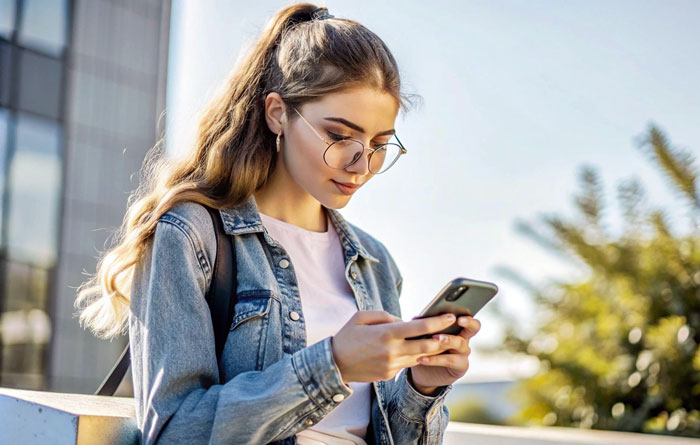 Young woman wearing glasses and denim jacket texting on smartphone outside, related to 43YO texts former student topic. Young woman wearing glasses and denim jacket texting on smartphone outside, related to 43YO texts former student topic.