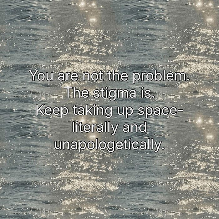 Inspirational quote on water background addressing stigma and empowering plus-size model confidence mid-flight. Inspirational quote on water background addressing stigma and empowering plus-size model confidence mid-flight.