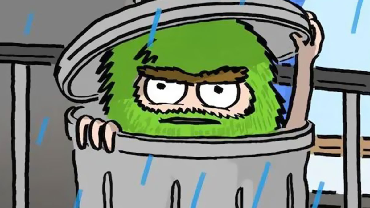 Green fuzzy character with angry eyes peeking from a trash can lid in dark and twisted comics style.