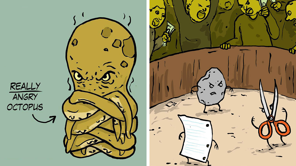 Humorous one-panel comics by Joseph Nowak showing angry octopus and rock paper scissors fight scene.