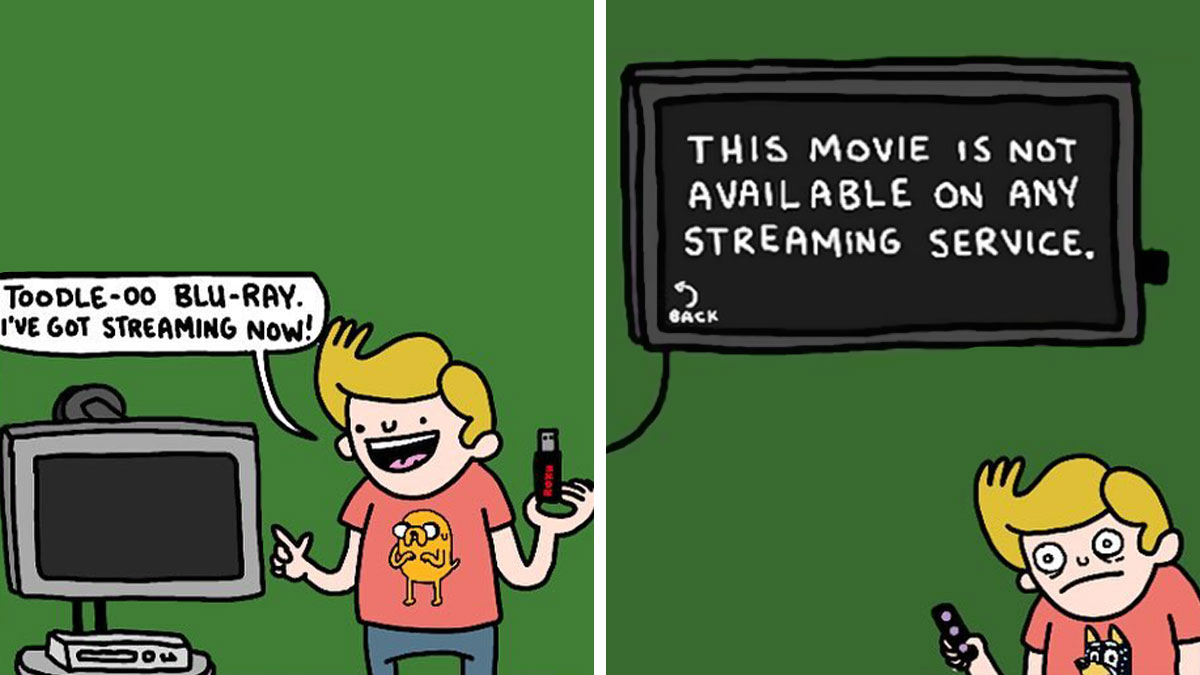 Comic artist creates dark humor comics with unexpected endings showing streaming frustration and sad reactions.