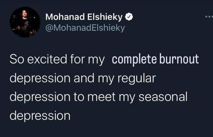 Tweet about burnout, regular depression, and seasonal depression, featured in funny and relatable memes shared by therapy meme pages.