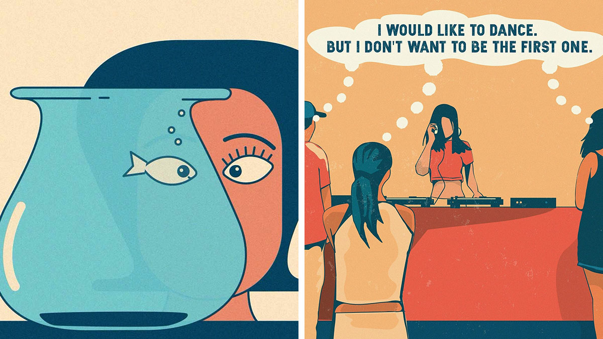 Candid illustrations showing a woman behind a fishbowl and people hesitating to dance at a party reflecting society.