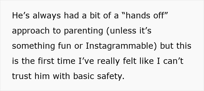 Text excerpt showing a tired mom describing a let down and hands-off approach of a useless dad in parenting. Text excerpt showing a tired mom describing a let down and hands-off approach of a useless dad in parenting.