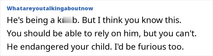 Comment text expressing frustration with a let down useless dad who endangered a child, affecting a tired mom. Comment text expressing frustration with a let down useless dad who endangered a child, affecting a tired mom.