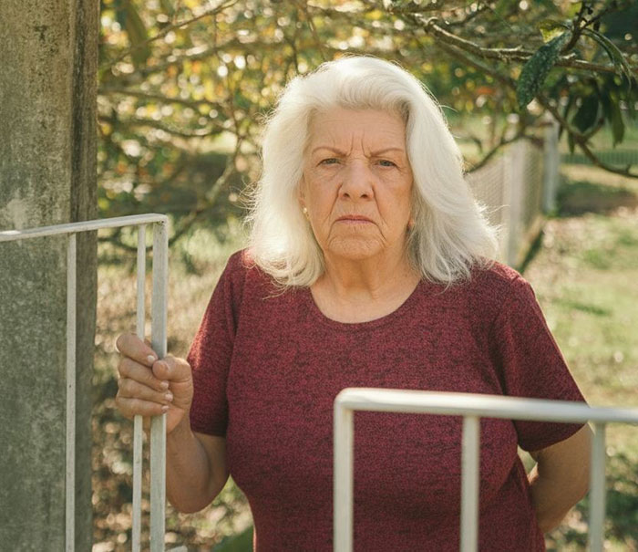 Older woman standing by a gate outdoors, looking concerned after adopting a dog and facing harassment from previous owners.