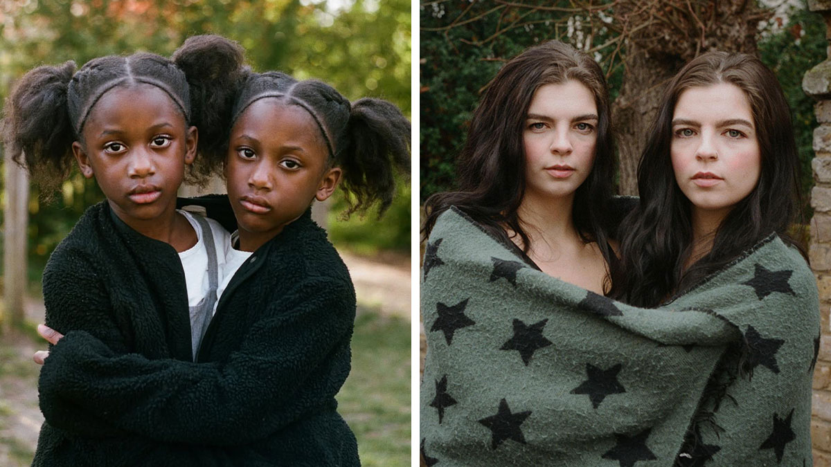 Two pairs of twins embracing outdoors, showcasing their unique bond in natural settings by a London photographer.