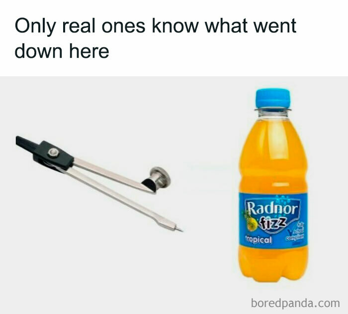 Pair of metal compasses and a bottle of Radnor Fizz tropical drink illustrating unapologetically British memes and posts.