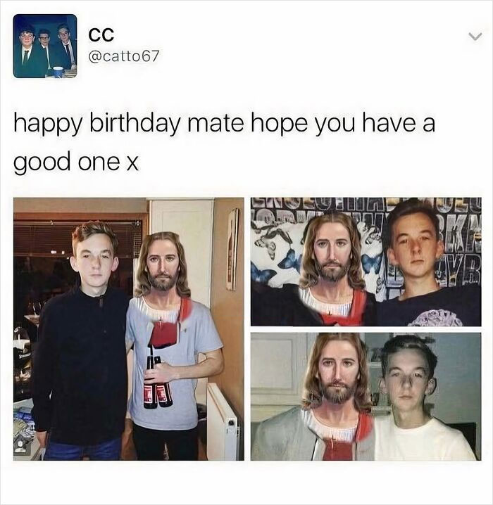 British meme collage showing edited photos of a young man with a Jesus face, celebrating a birthday humorously.