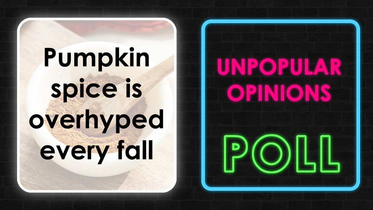 Pumpkin spice in a bowl with wooden spoon and neon sign reading unpopular opinions poll about matcha taste grass.