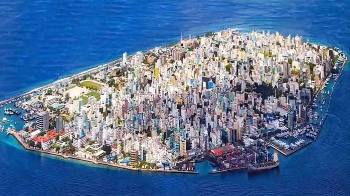 A densely packed urban area surrounded by water, illustrating urban hell and overcrowded city living.