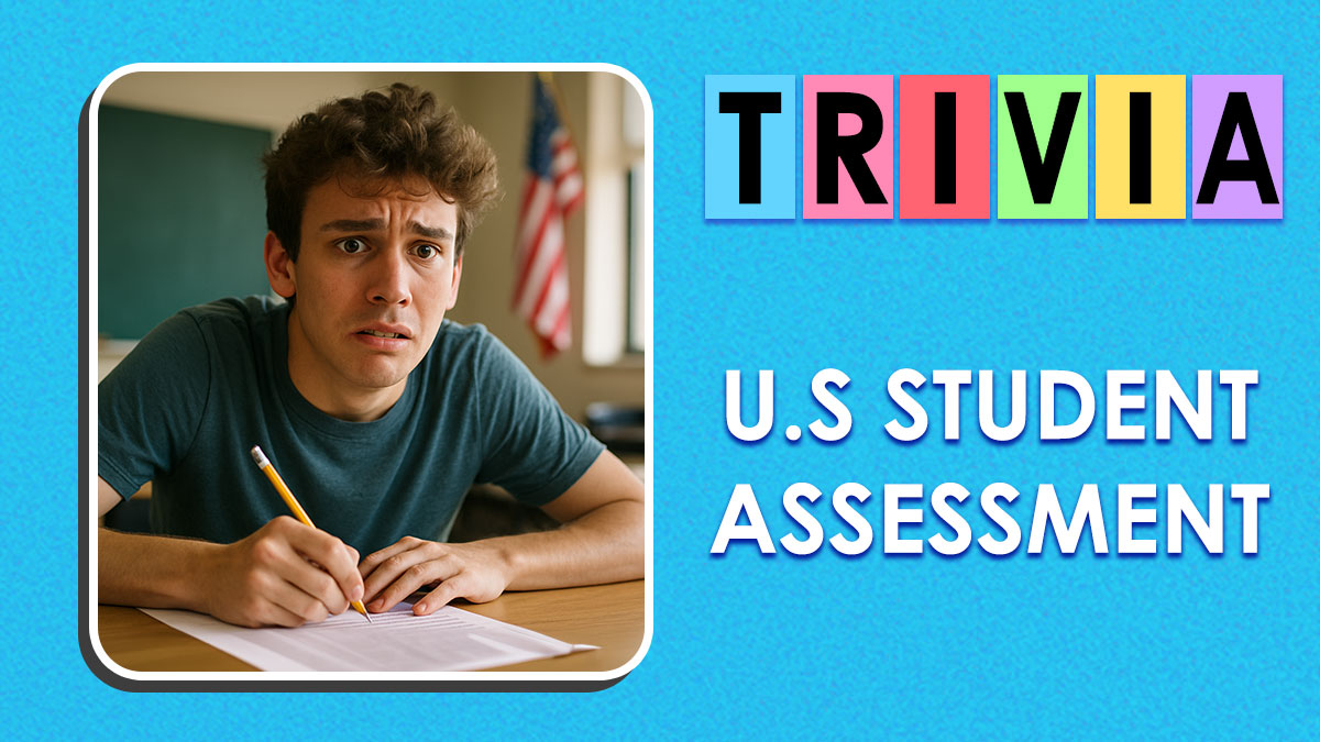 Stressed young man taking a U.S. student assessment test, pencil in hand, with trivia text on blue background.