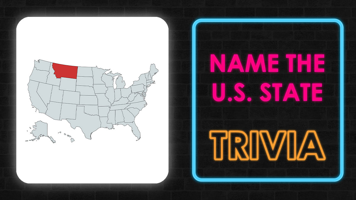 Map of the United States highlighting a state in red with neon text naming U.S. state trivia for geography buffs.