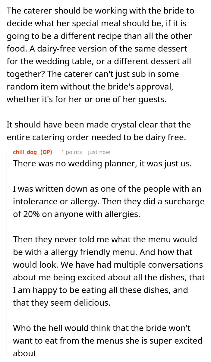 Text discussing wedding vendors mishandling bride's allergy, leading to no cupcakes and ingredient miscommunication. Text discussing wedding vendors mishandling bride's allergy, leading to no cupcakes and ingredient miscommunication.