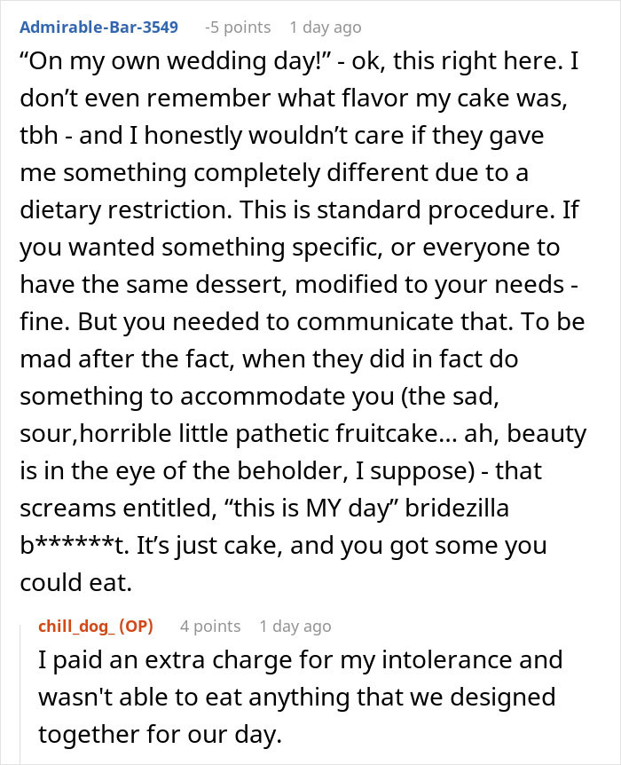 Comments thread discussing wedding vendors and issues with cupcakes for bride’s allergy on her wedding day. Comments thread discussing wedding vendors and issues with cupcakes for bride’s allergy on her wedding day.