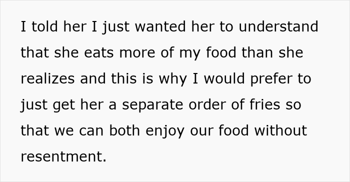 Text excerpt discussing a man explaining to his wife that she eats more of his food, preferring separate fries to avoid resentment.
