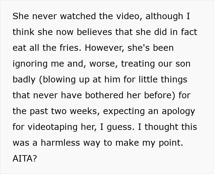 Text excerpt describing family drama after a man films his wife secretly to prove she eats all his fries.