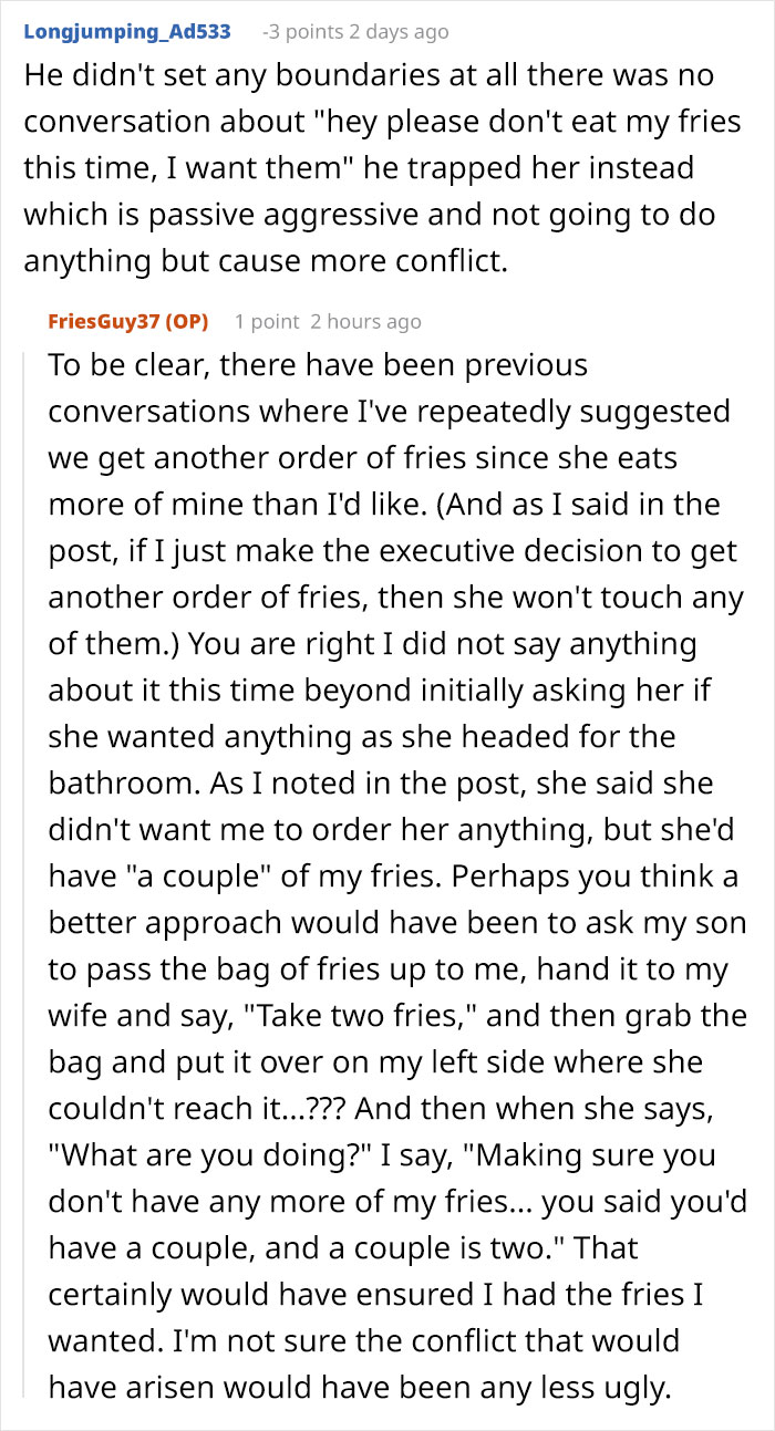 Reddit discussion about man filming wife secretly to prove she eats all his fries, sparking family drama and conflict.