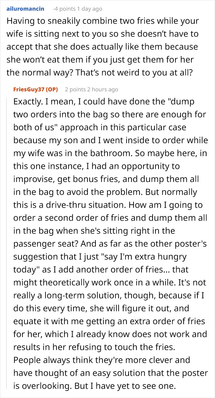 Reddit conversation about a man filming his wife secretly to prove she eats all his fries, sparking family drama.