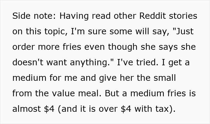 Text snippet from Reddit story discussing man filming wife secretly to prove she eats all his fries, causing family drama.