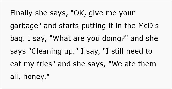 Text excerpt showing a man confronting his wife about eating all his fries, sparking family drama. Text excerpt showing a man confronting his wife about eating all his fries, sparking family drama.