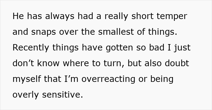 Text on a white background describing emotional cruelty from a husband with a short temper and growing relationship struggles. Text on a white background describing emotional cruelty from a husband with a short temper and growing relationship struggles.