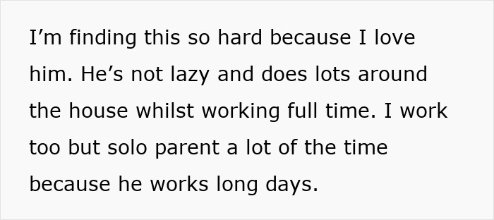 Text excerpt showing a wife expressing struggle with emotional cruelty and solo parenting due to husband's long workdays. Text excerpt showing a wife expressing struggle with emotional cruelty and solo parenting due to husband's long workdays.