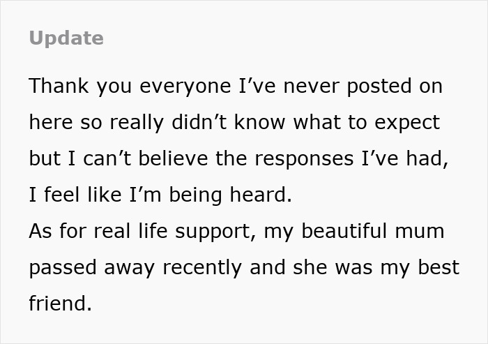 Update message about feeling heard and coping with emotional cruelty from husband and recent loss of mother. Update message about feeling heard and coping with emotional cruelty from husband and recent loss of mother.