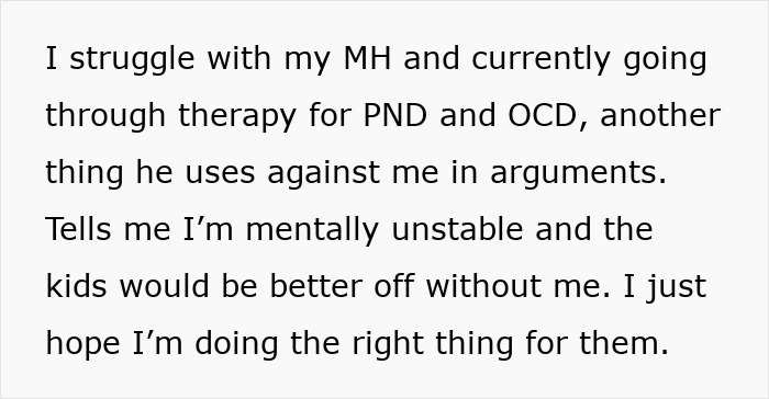 Text post about struggling with mental health and emotional cruelty from husband, wife considering leaving him for good. Text post about struggling with mental health and emotional cruelty from husband, wife considering leaving him for good.