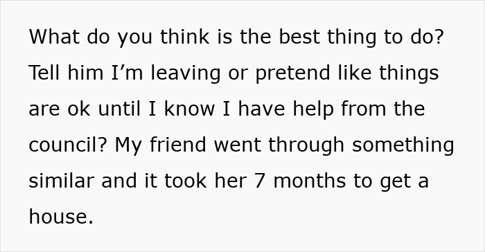 Text discussing emotional cruelty in a marriage and considering leaving for support from the council and finding a house. Text discussing emotional cruelty in a marriage and considering leaving for support from the council and finding a house.