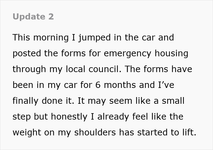 Text excerpt showing a wife describing taking steps toward emergency housing due to emotional cruelty from husband. Text excerpt showing a wife describing taking steps toward emergency housing due to emotional cruelty from husband.