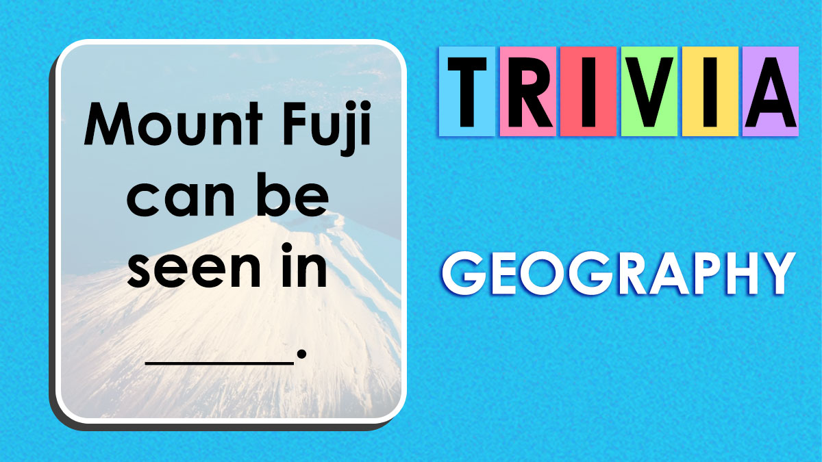 Visual geography quiz question showing Mount Fuji with trivia theme and geography keyword on blue background.