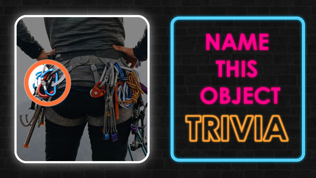 Person wearing climbing gear with carabiners and ropes attached, challenging high IQ to name object trivia.