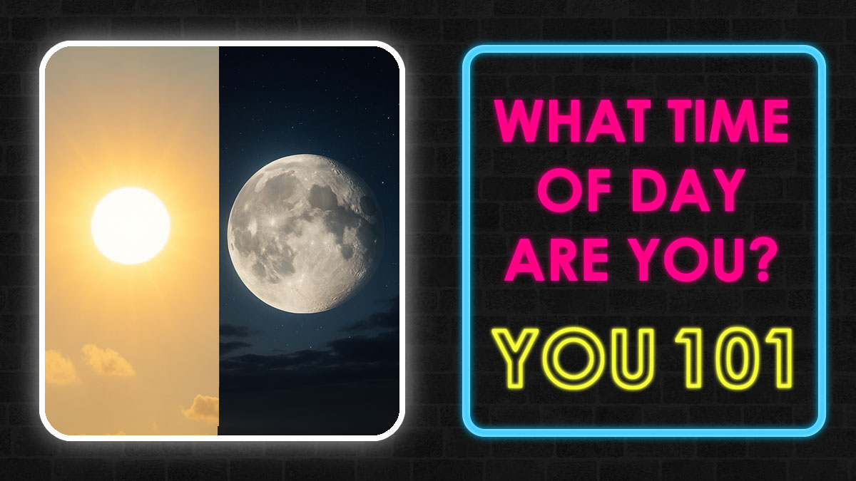 Half sun and half moon side by side with neon sign reading what time of day are you in bright colors.