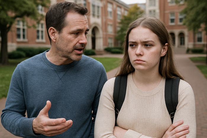 Man talks seriously to upset teenage daughter outdoors, reflecting tension around dating after dying wife’s wishes. Man talks seriously to upset teenage daughter outdoors, reflecting tension around dating after dying wife’s wishes.