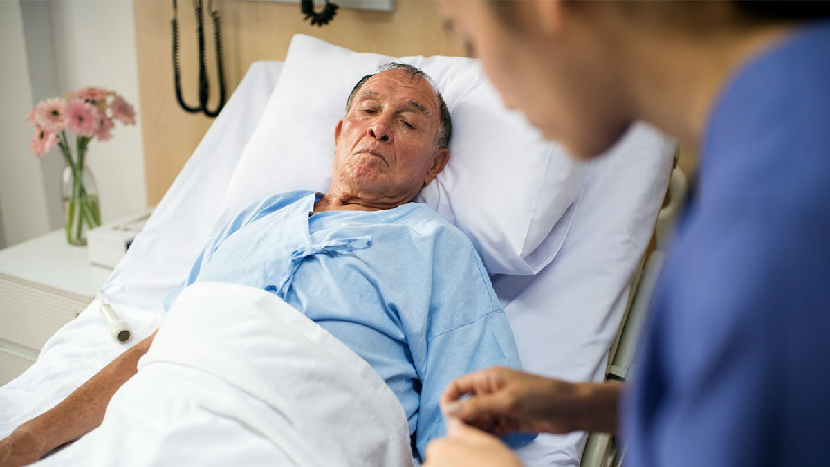 Elderly man in hospital bed experiencing a near-death moment with nurse holding his hand in a medical setting