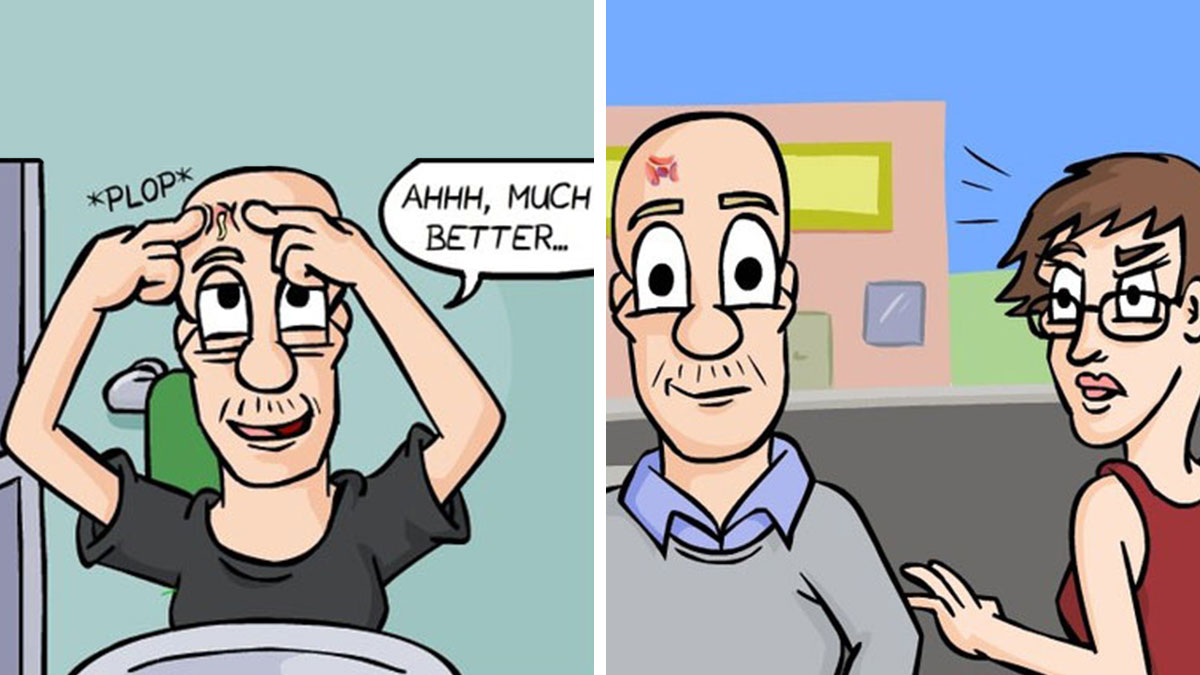 Comic panels by German artist showing darkly funny everyday life moments with humorous and relatable characters.